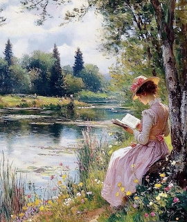 Woman in pink dress reading by peaceful river with trees and flowers in impressionist style painting