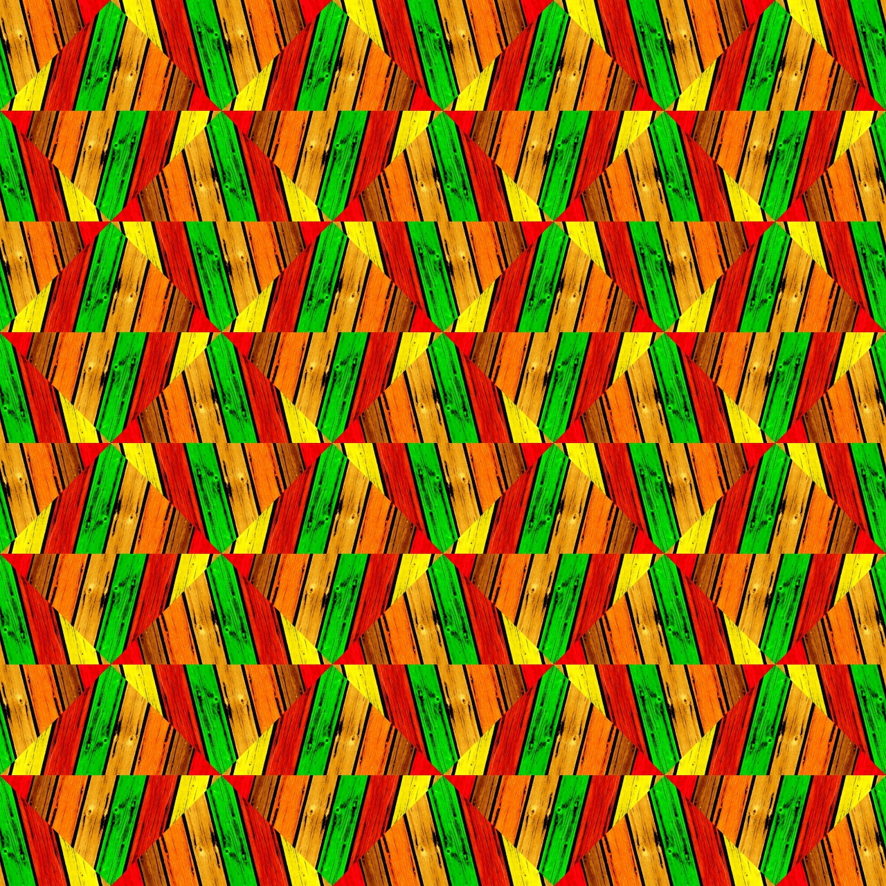 Repeating geometric pattern with red, orange, yellow and green interlocking shapes