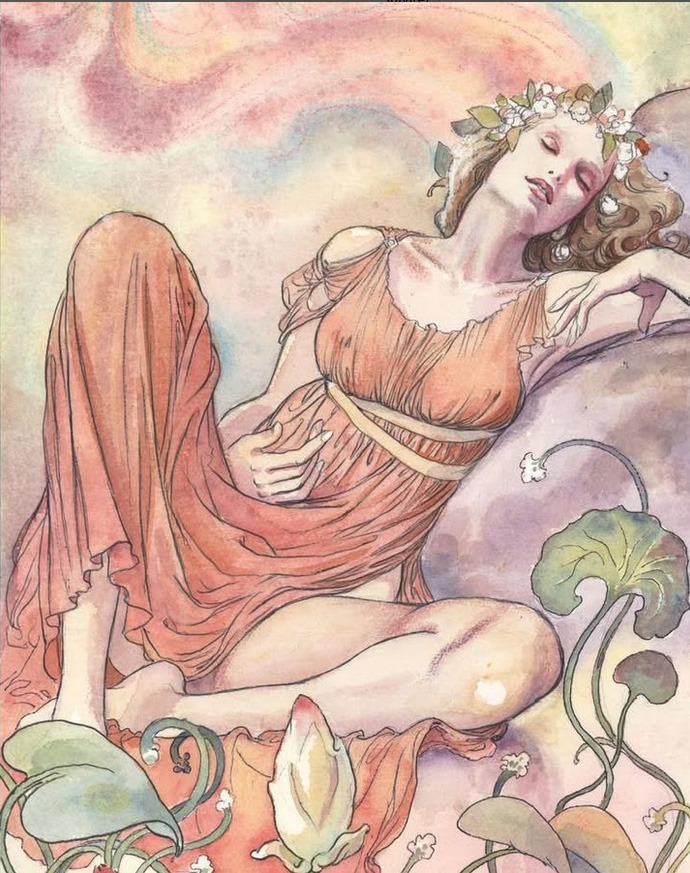 Watercolor painting of a woman in orange dress reclining on rocks surrounded by green foliage
