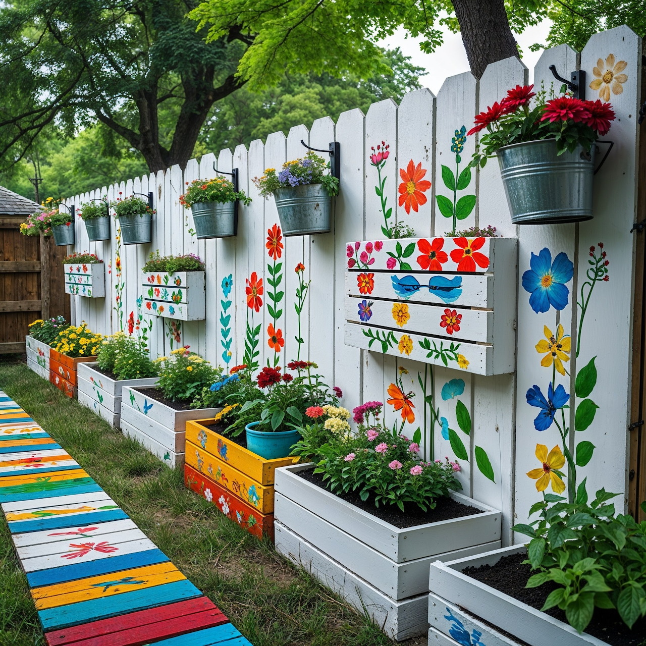 White garden fence painted with flowers, hanging pots, planter boxes, and a colorful walkway