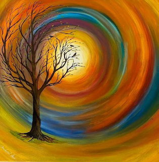 Abstract painting of a bare tree with swirling orange, yellow, blue, and green background