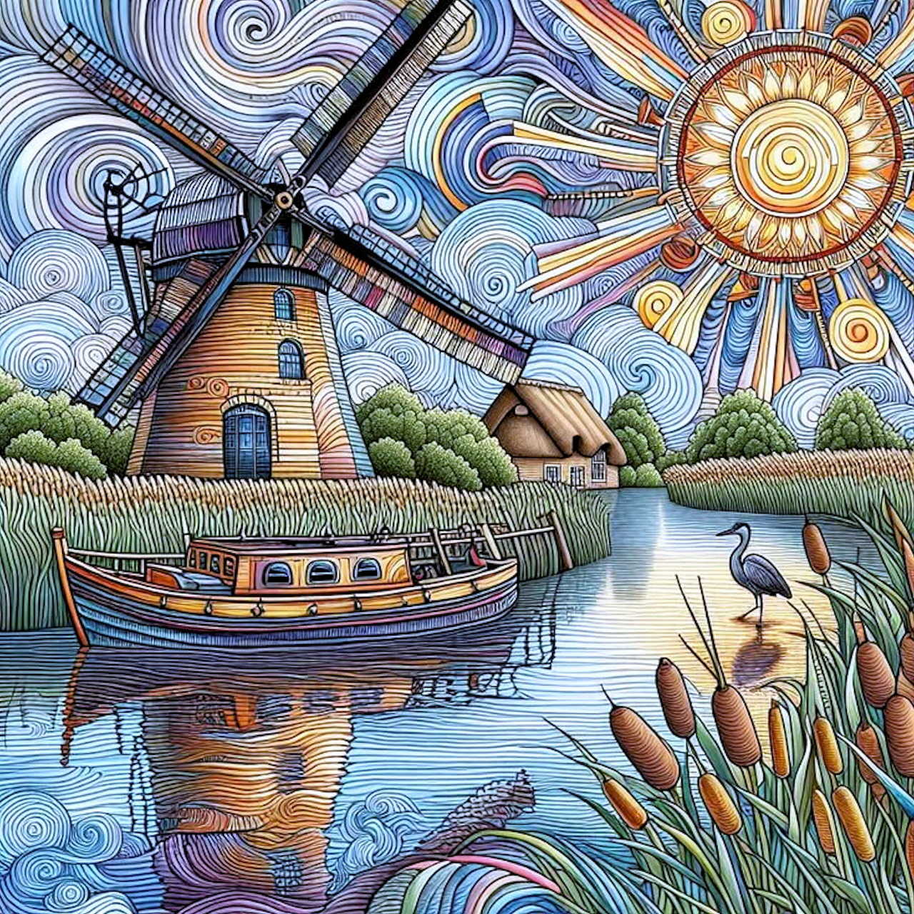 Decorative painting of sailboat and windmill on Norfolk Broads with swirling sky and ornamental sun