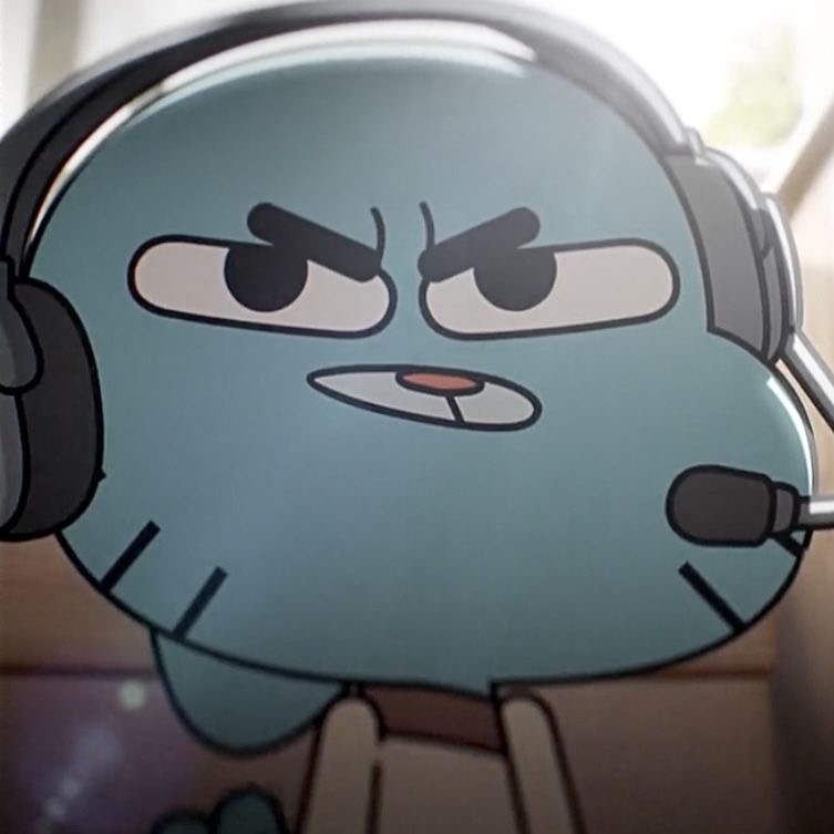 Cartoon blue cat Gumball wearing a headset with microphone and an annoyed expression
