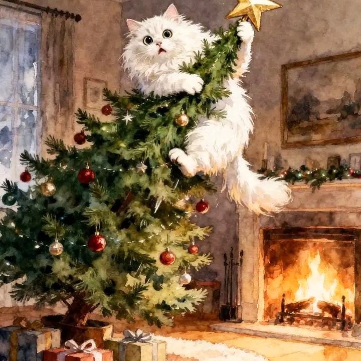 White cat climbing decorated Christmas tree in living room with fireplace