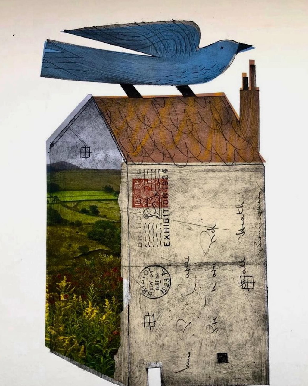 Blue Bird on House Collage