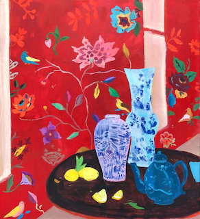 Still life painting with blue vases, lemons, and birds on red floral background