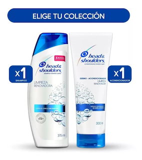 Head & Shoulders shampoo and conditioner bottles on blue background with Spanish promotional text