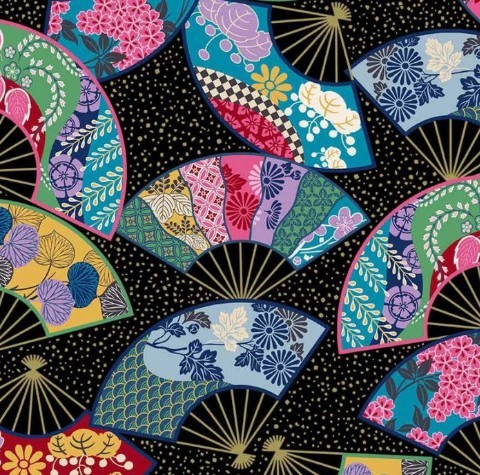 Colorful fabric pattern with decorative folding fans on a black background