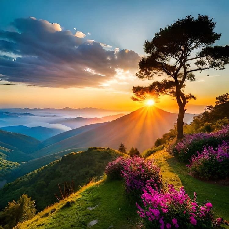 Sunset over layered mountains with a lone tree and pink flowers on a grassy hillside