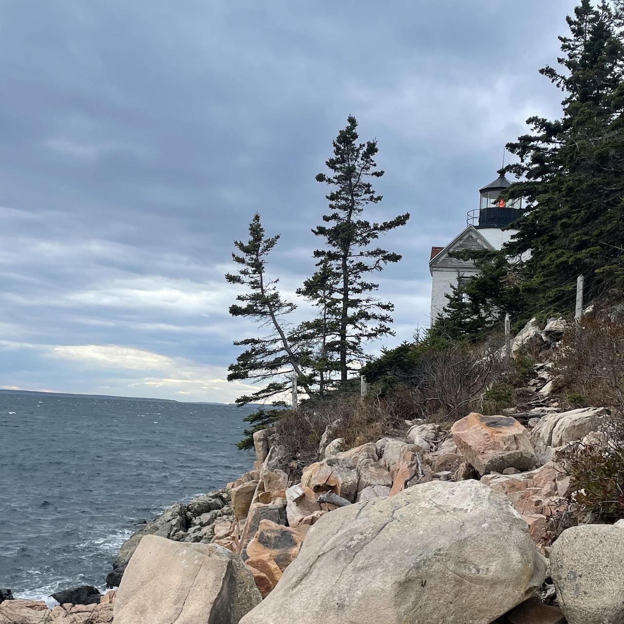Rocky coastline with lighthouse on cliff above ocean with evergreen trees and cloudy sky