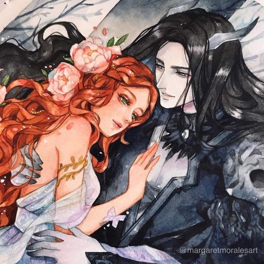 Anime fantasy couple with a red-haired woman and dark-haired man in formal clothing