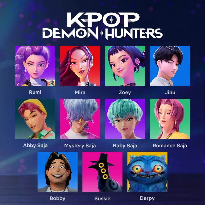 Grid of eleven stylized character portraits with vibrant hair colors and labels beneath each avatar