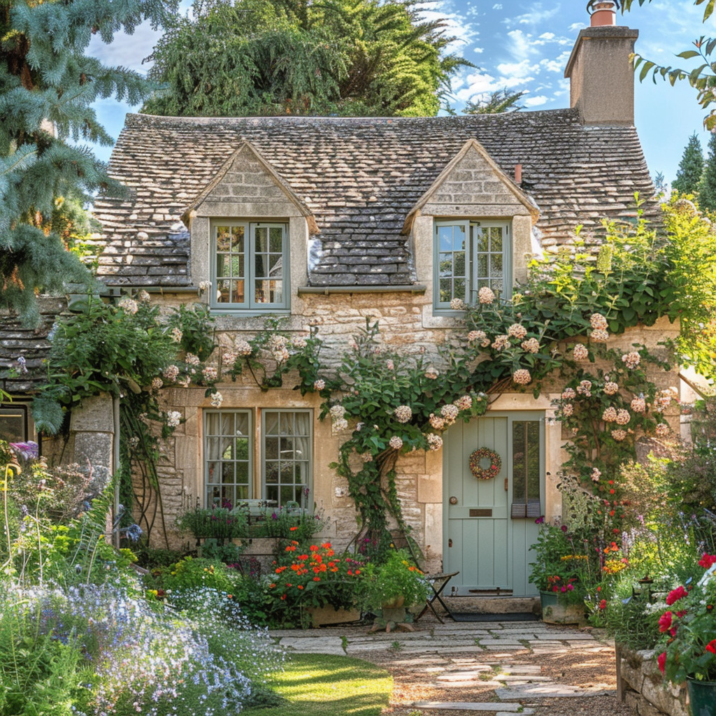 Stone cottage with climbing roses, garden path, and colorful flower beds in front yard