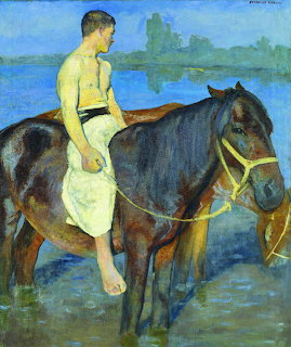 Impressionist painting of boy in white pants riding dark horse through water with blue sky and trees behind