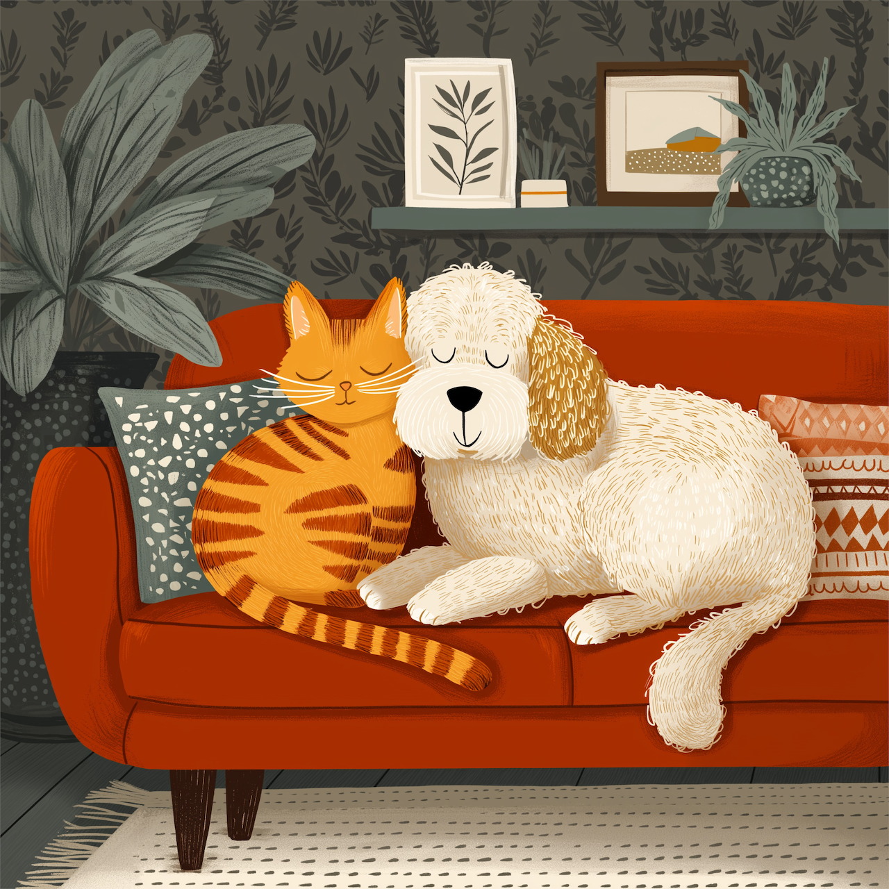 Orange cat and cream dog cuddled asleep on orange couch with patterned pillows and botanical prints on dark green wall