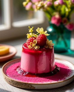 Pink mousse cake garnished with strawberry and white chocolate on ceramic plate