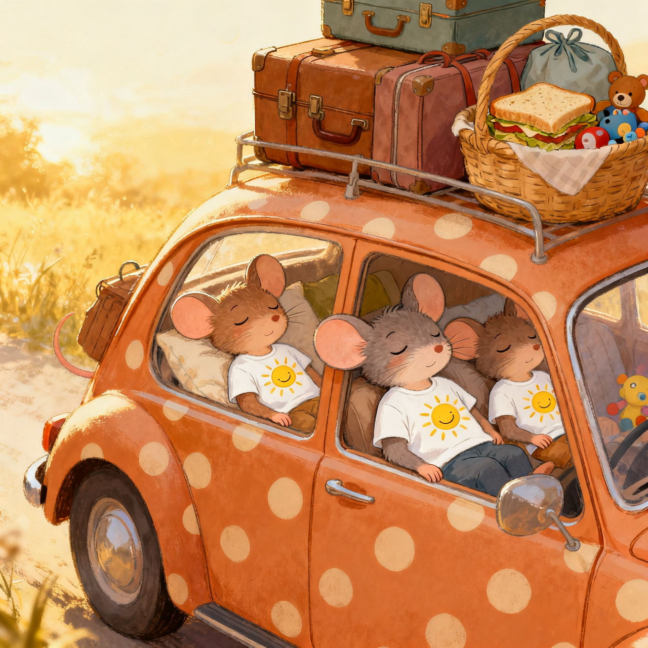 Illustration of three mice riding in a polka dot car with luggage and a picnic basket on top