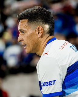 Side profile of soccer player in white and blue jersey looking right with crowd behind