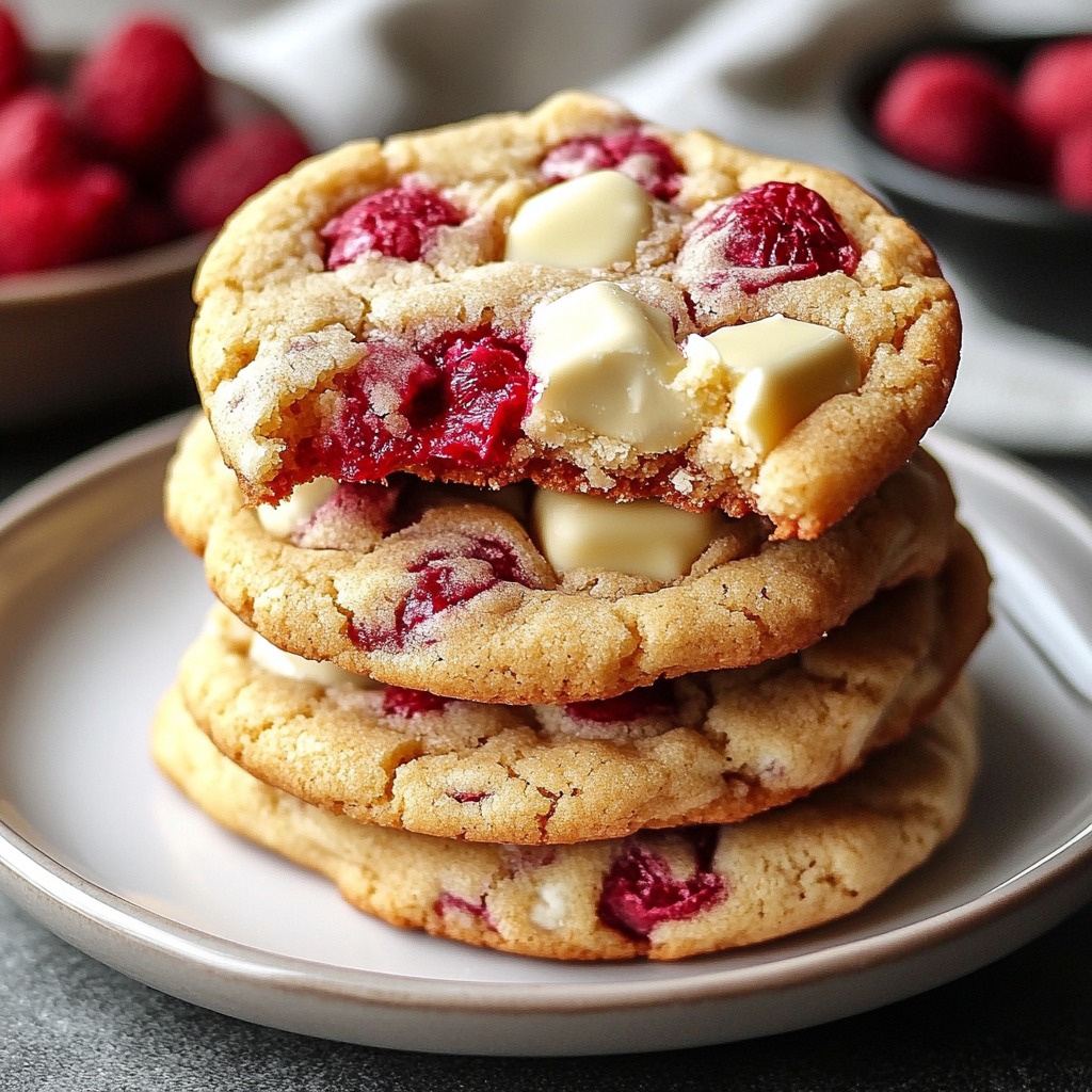 Stack of four raspberry white chocolate cookies on a white plate with fresh raspberries in background