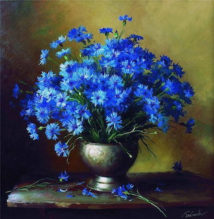 Painting of blue flowers in a metallic vase on a dark table