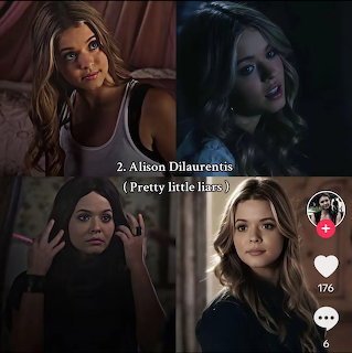 Four-image collage of Alison DiLaurentis from Pretty Little Liars in dimly lit portrait scenes