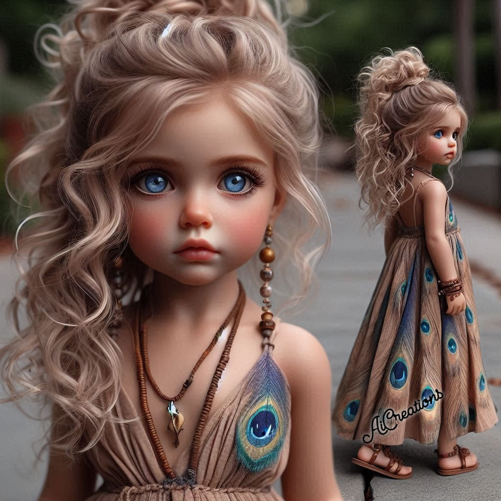 3D rendered doll with blonde curly hair, oversized blue eyes, and beige dress with peacock feather details