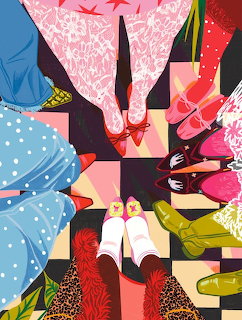 Overhead shot of colorful shoes arranged in circle on checkered floor
