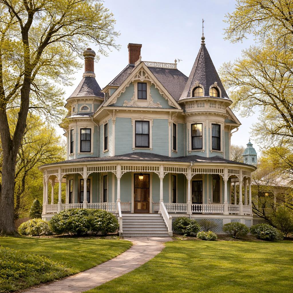 Elegant Victorian mansion with turret, wraparound porch, and ornate trim set on manicured grounds with autumn trees