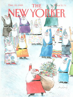 Watercolor sketch of ice skaters around a Christmas tree on a magazine cover