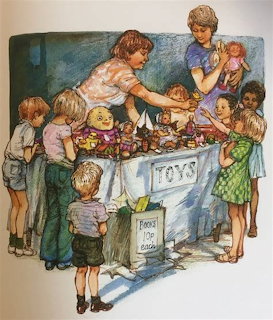 Vintage illustration of children gathered around a toy stand with dolls and toys