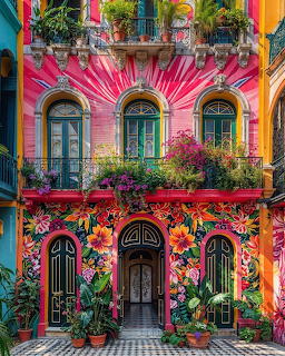 Colorful building facade with painted tropical flowers, arched windows, and balconies with plants