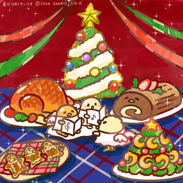 Gudetama egg character with Christmas tree cookies, gingerbread, candy canes and holiday sweets