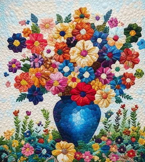 Patchwork quilt with floral vase design in colorful fabric pieces
