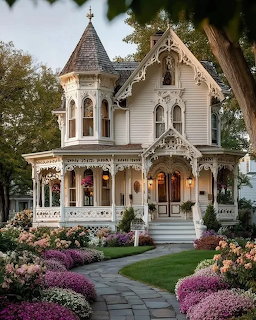 White Victorian house with tower, decorative trim, front porch, and vibrant flower beds lining a curved stone path