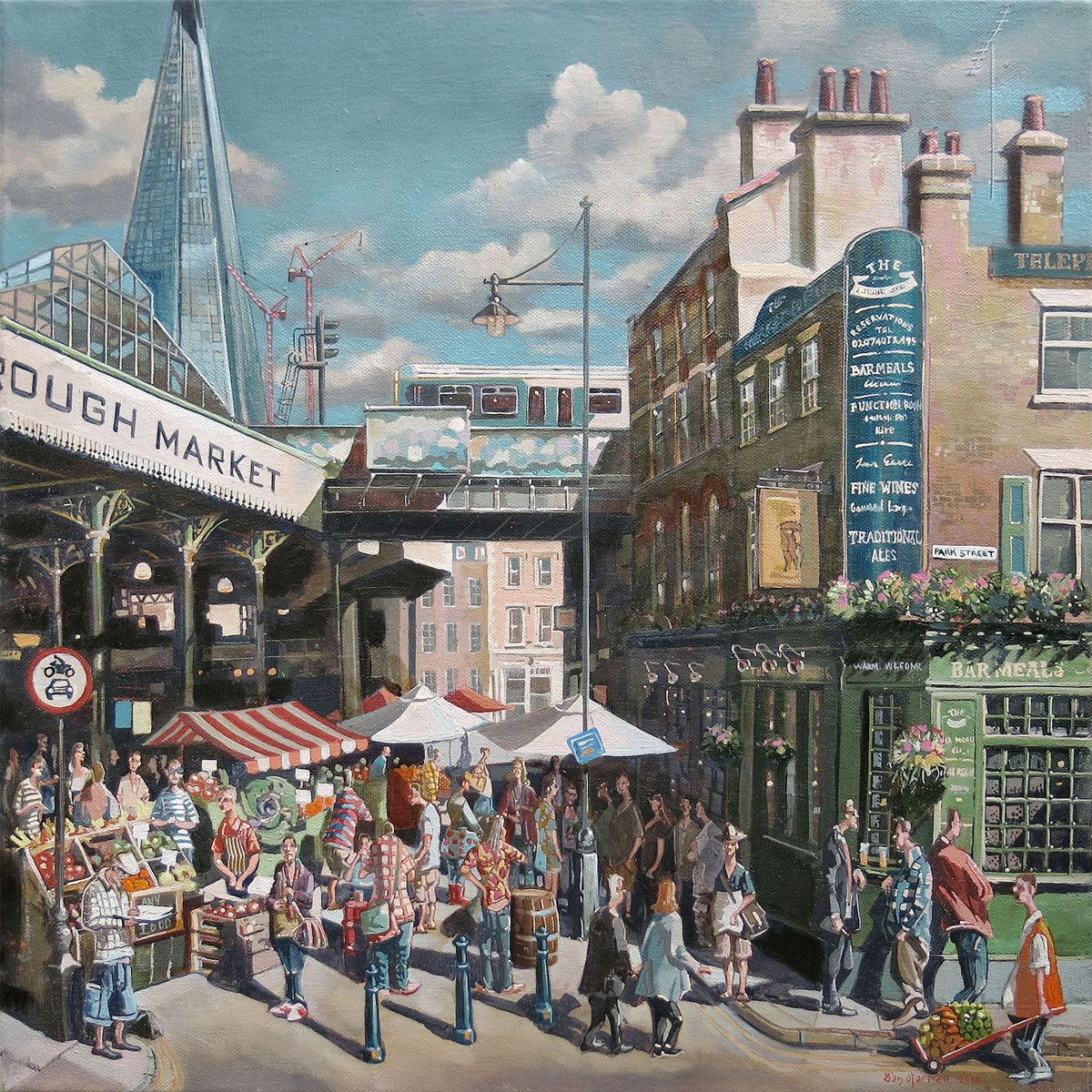 Painting of Borough Market street scene with The Market Porter pub, crowds, market stalls, and London landmarks