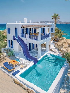 White two-story beach villa with blue trim, palm trees, and turquoise pool overlooking ocean