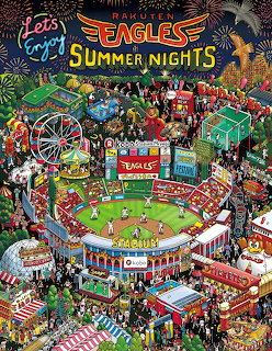 Colorful illustrated overhead view of a packed baseball stadium at night with carnival rides and fireworks