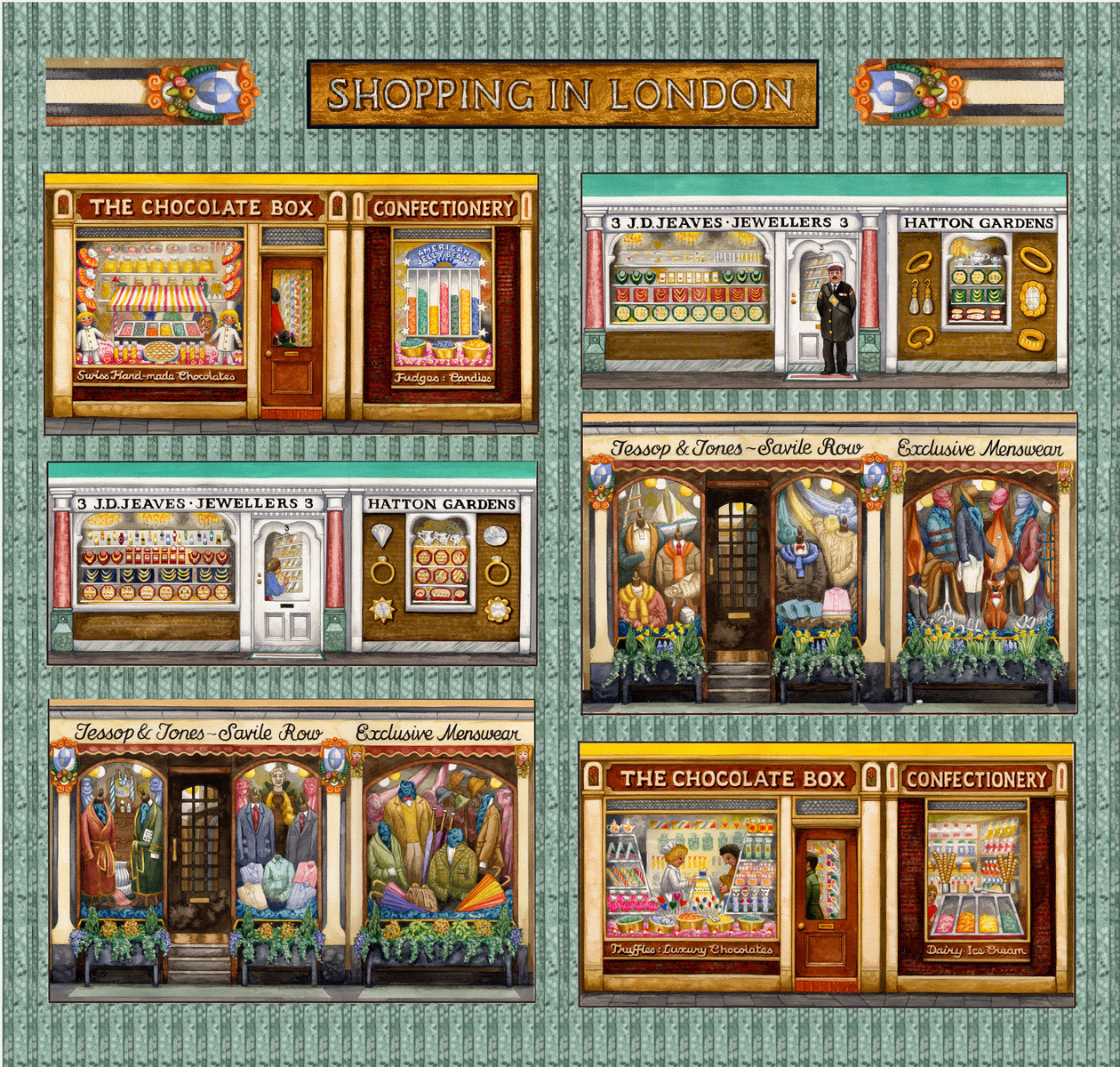 Illustrated collage of colorful London shopfronts and store windows