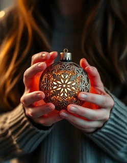 Hands holding a glowing filigree Christmas ornament in warm light
