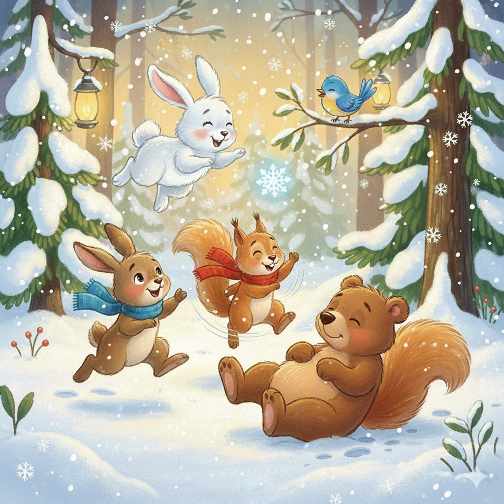 Cartoon animals playing joyfully in winter forest with snow and pine trees