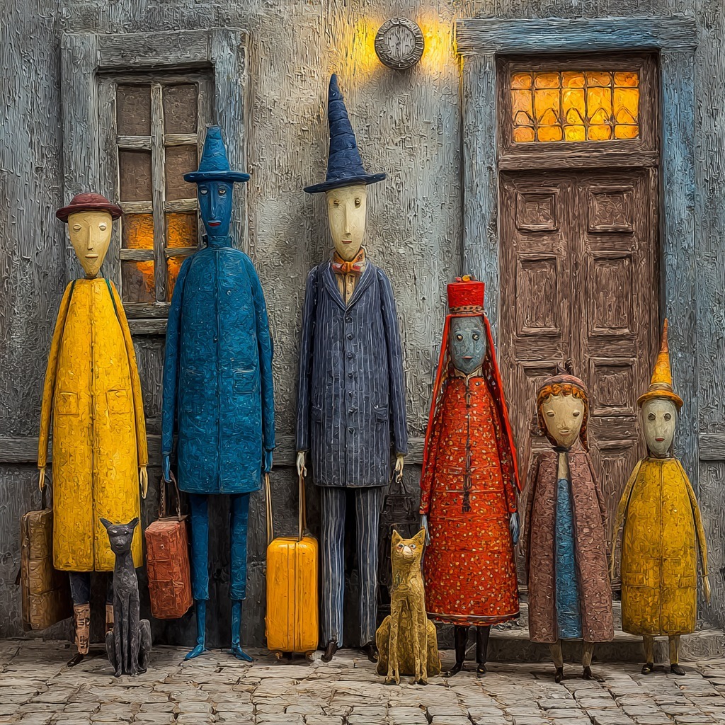 Stylized wooden figures in bright coats standing outside a building with illuminated windows