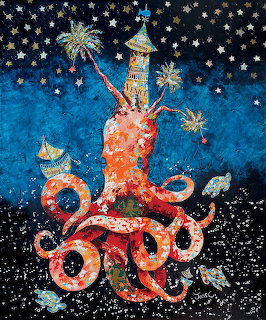 Colorful painting of octopus wearing lighthouse like hat with fireworks and stars on starry ocean background