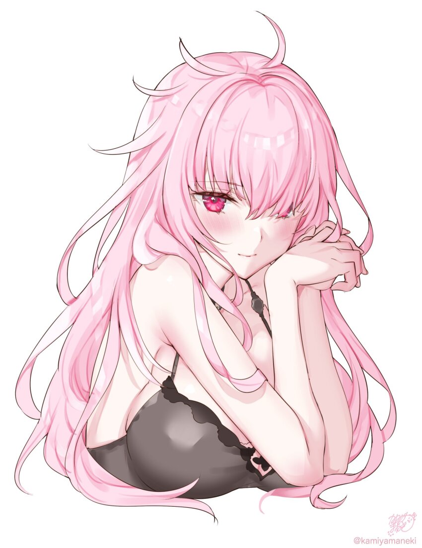 Anime girl with long pink hair and red eyes resting her chin on her hands, Hololive VTuber Kamiya Maneki