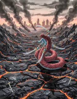 Large red serpent in desolate cracked landscape with ruins and distant city under dark stormy sky