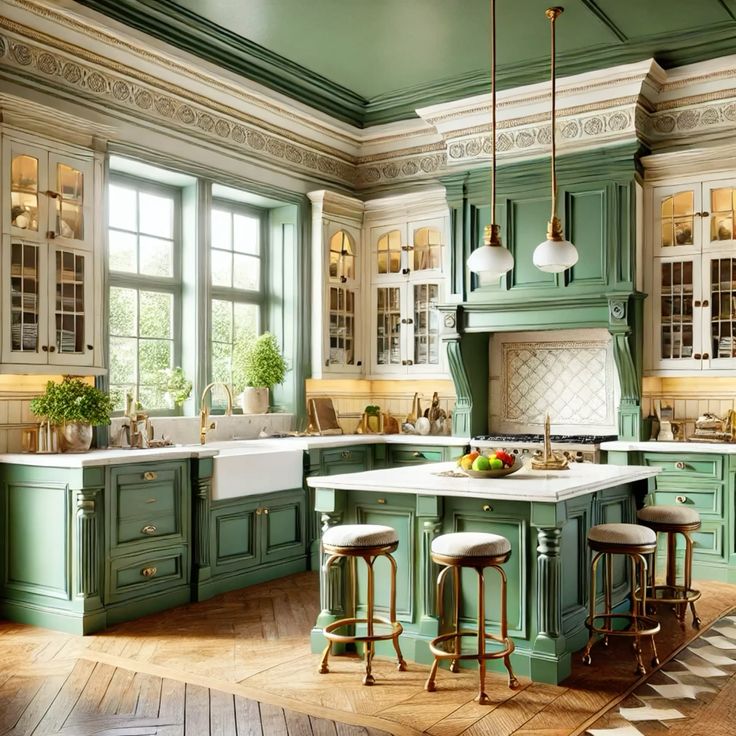 Sunlit classic kitchen with green cabinets, island, stools, and wood floor