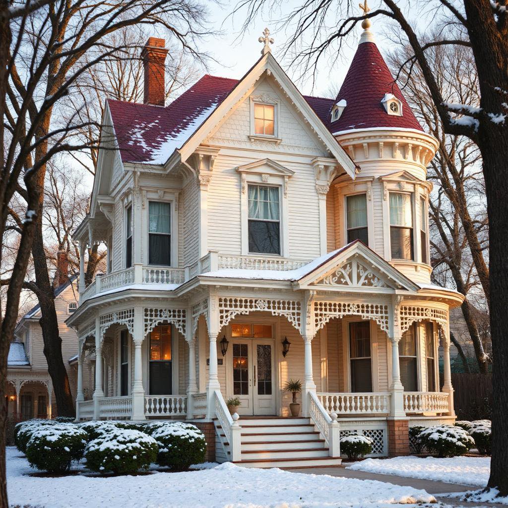 Victorian house with turret and ornate details in snow