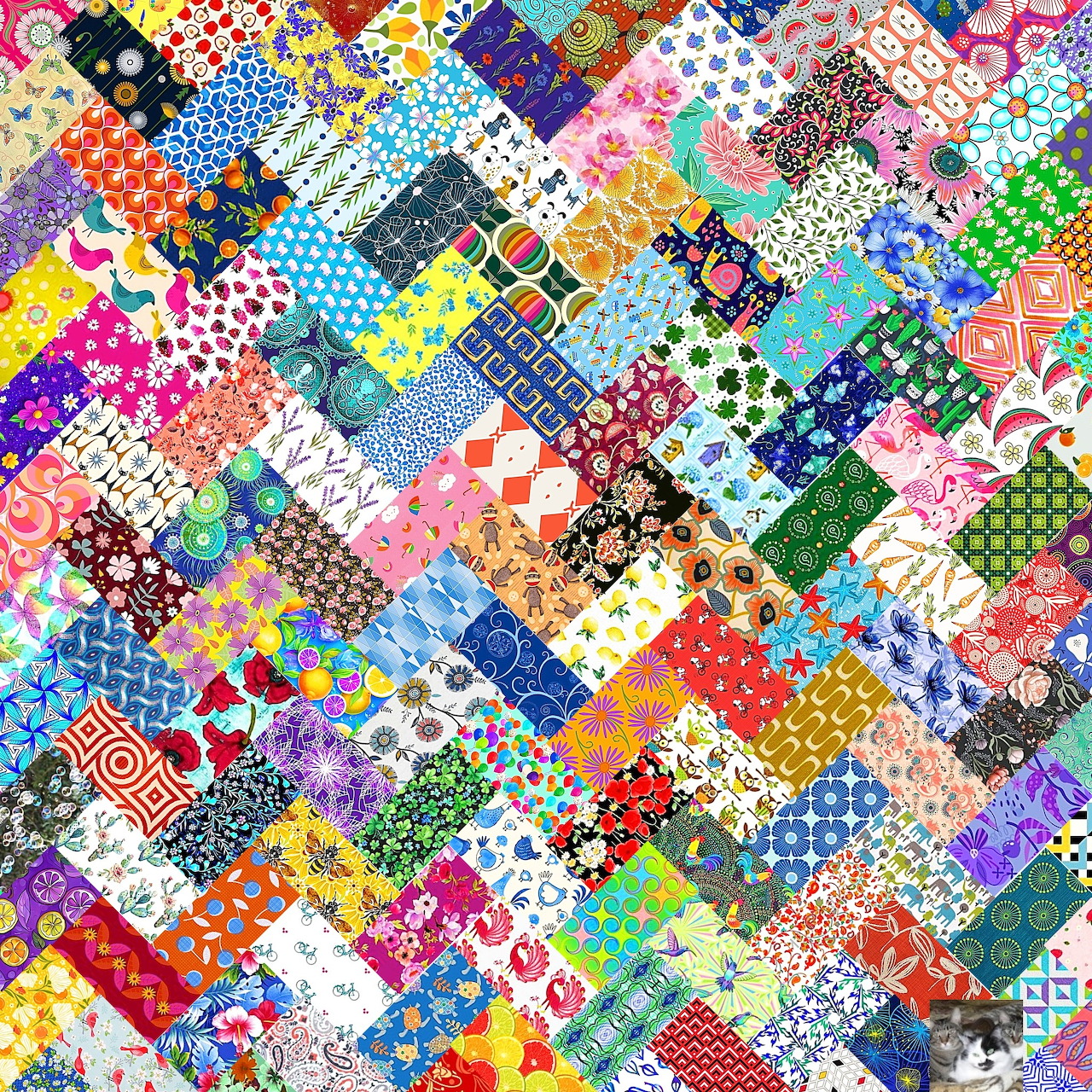 Colorful patchwork quilt with diverse patterns and fabrics arranged in a mosaic of squares