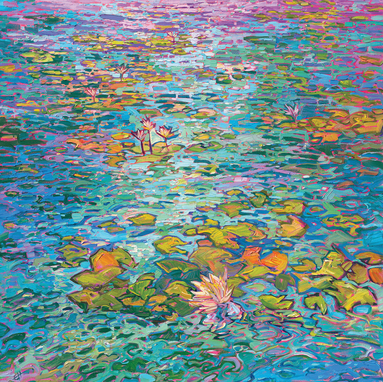 Impressionist painting of lily pads and flowers on a multicolored pond with thick brushstrokes