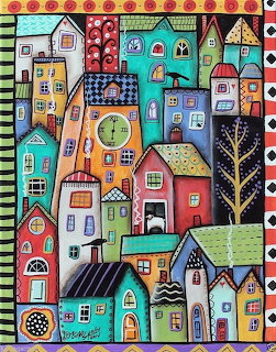 Colorful whimsical illustration of tall village houses with patterned borders