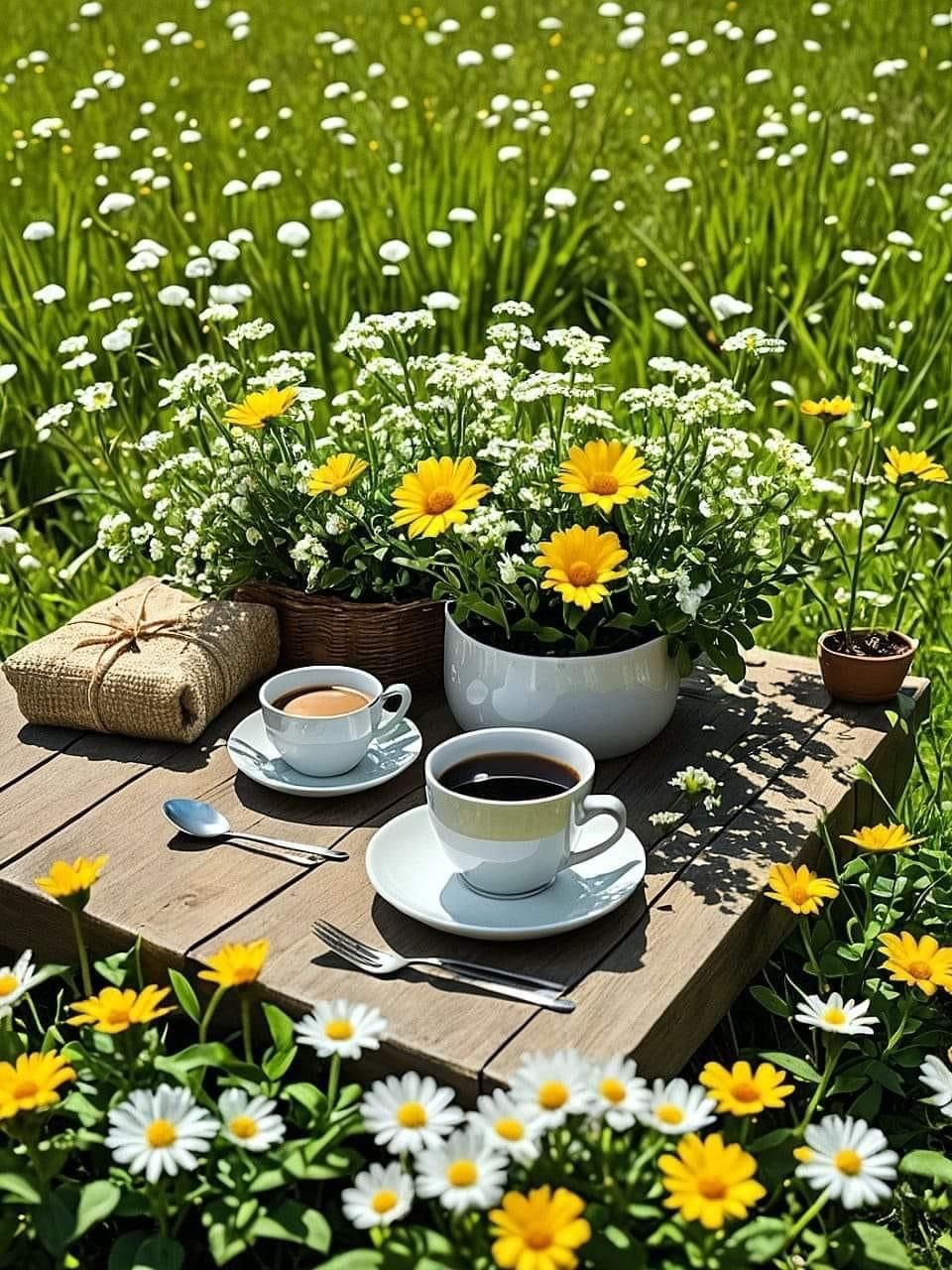 Two cups of coffee on a wooden tray surrounded by daisies and yellow flowers in a garden